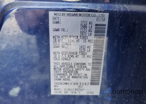 2018 Nissan Pathfinder S z USA, uszkodzony, nr VIN 5N1DR2MM1JC663542